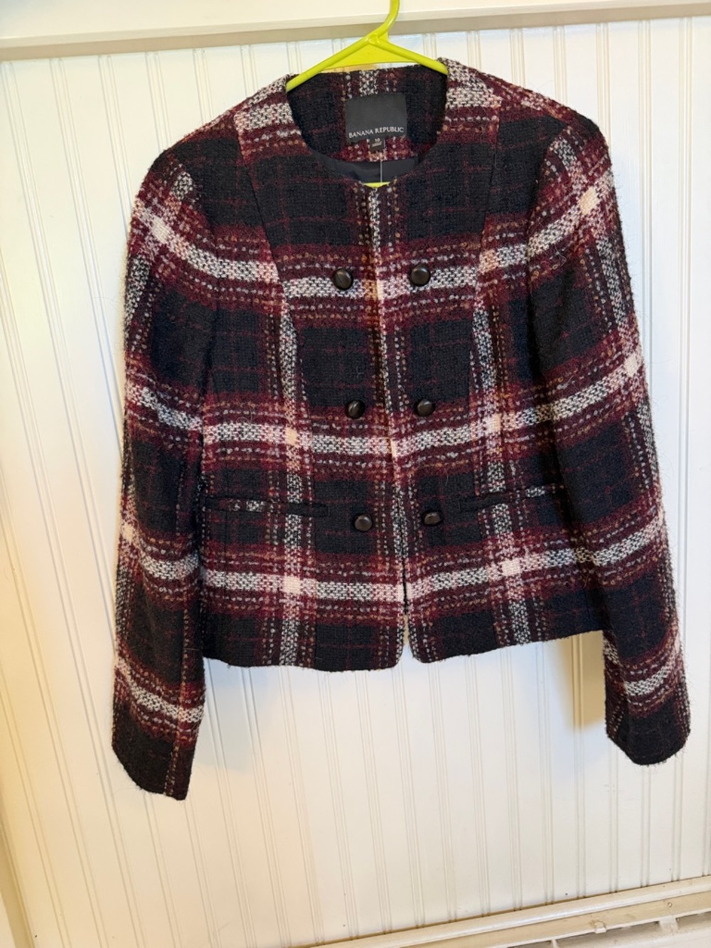 NWT Banana Republic Burgundy and Black Plaid Double-Breasted Jacket